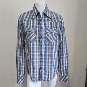 Overdrive Clothing Blue Plaid Button Down Shirt Womens S